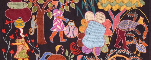 The Guinea Hen Lady, Embroidery by Francisca Chekacheke Nyazorwe, 26 x 33 (after a popular folk tale in Zimbabwe)