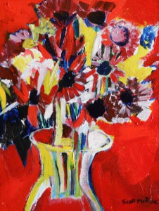 still-life of Mums in a red room