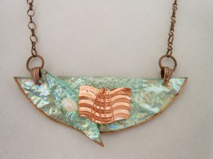 textured copper, copper wire, pearl and DVD Jewelry