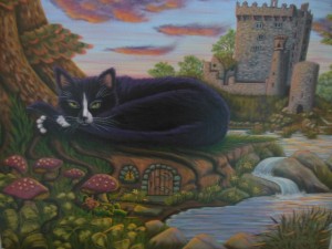 cat napping with castle in the background