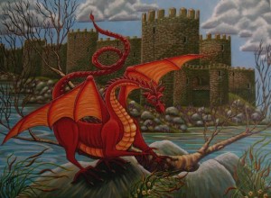 bright colored dragon in front of a castle