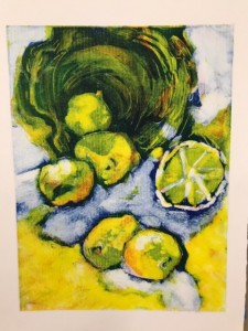 Blue and yellow colors for basket and lemons