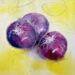 three Red Onions with yellow background