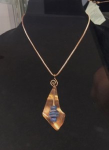 Hand hammered Copper Pendant with Blue Clay Stoneware Beads on Copper Necklace- $89