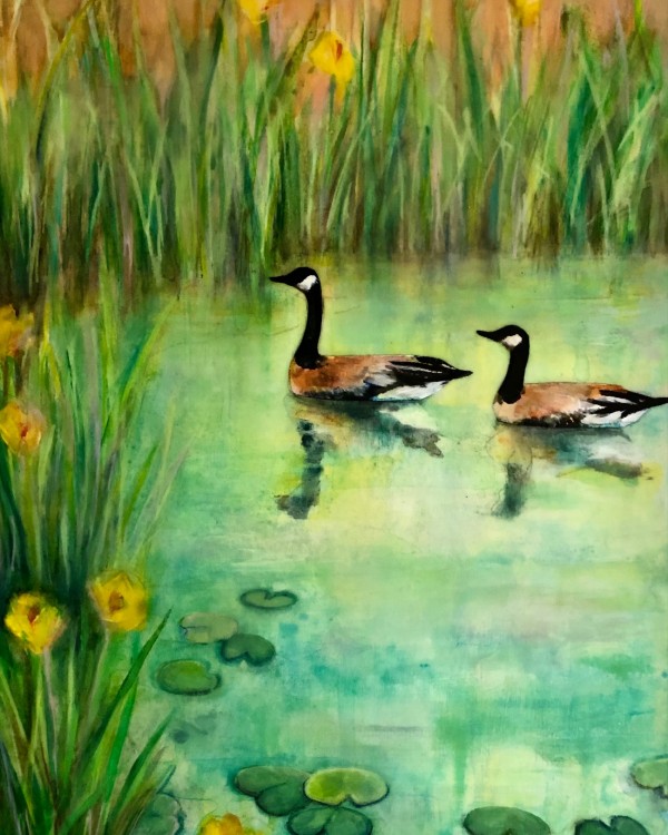 2 geese on the water by reeds