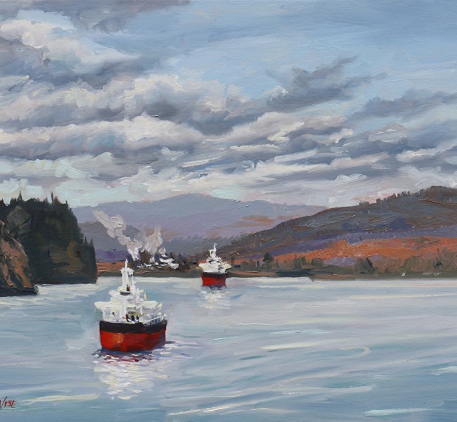 paiting of two colorful cargo ships passing on river