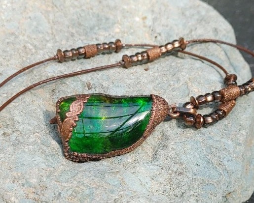 green colored glass with copper findings