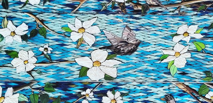 large scale mosaic in blues and whites