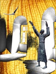 digital collage with figure and home items