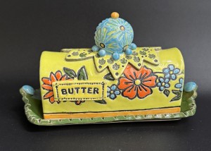 brightly colored ceramic butter dish