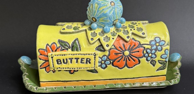 brightly colored ceramic butter dish