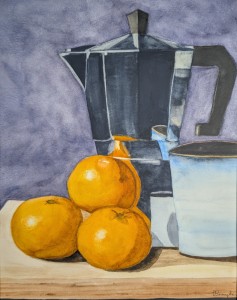coffee pot with 3 oranges